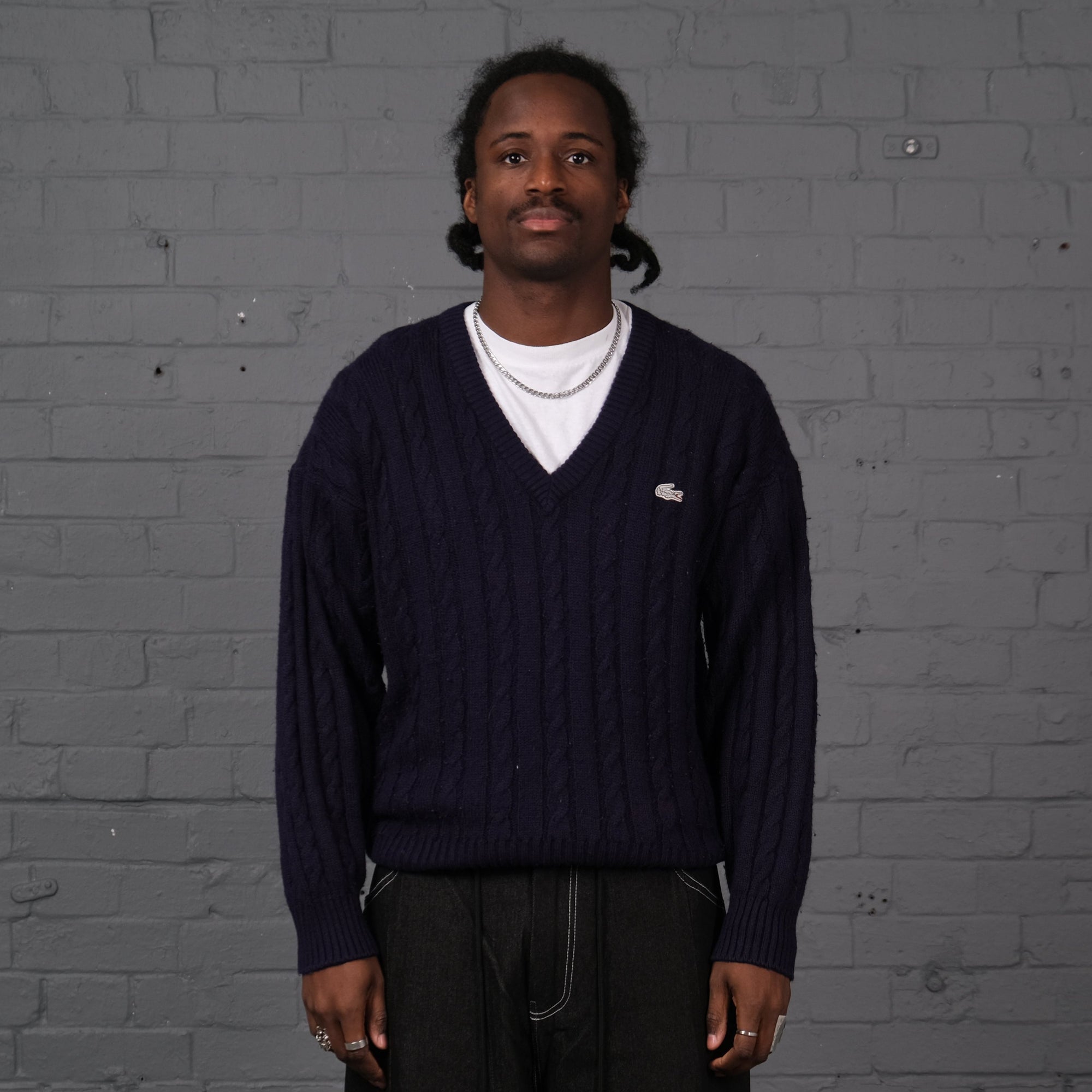 Vintage Lacoste Knitted V-Neck Jumper in Navy