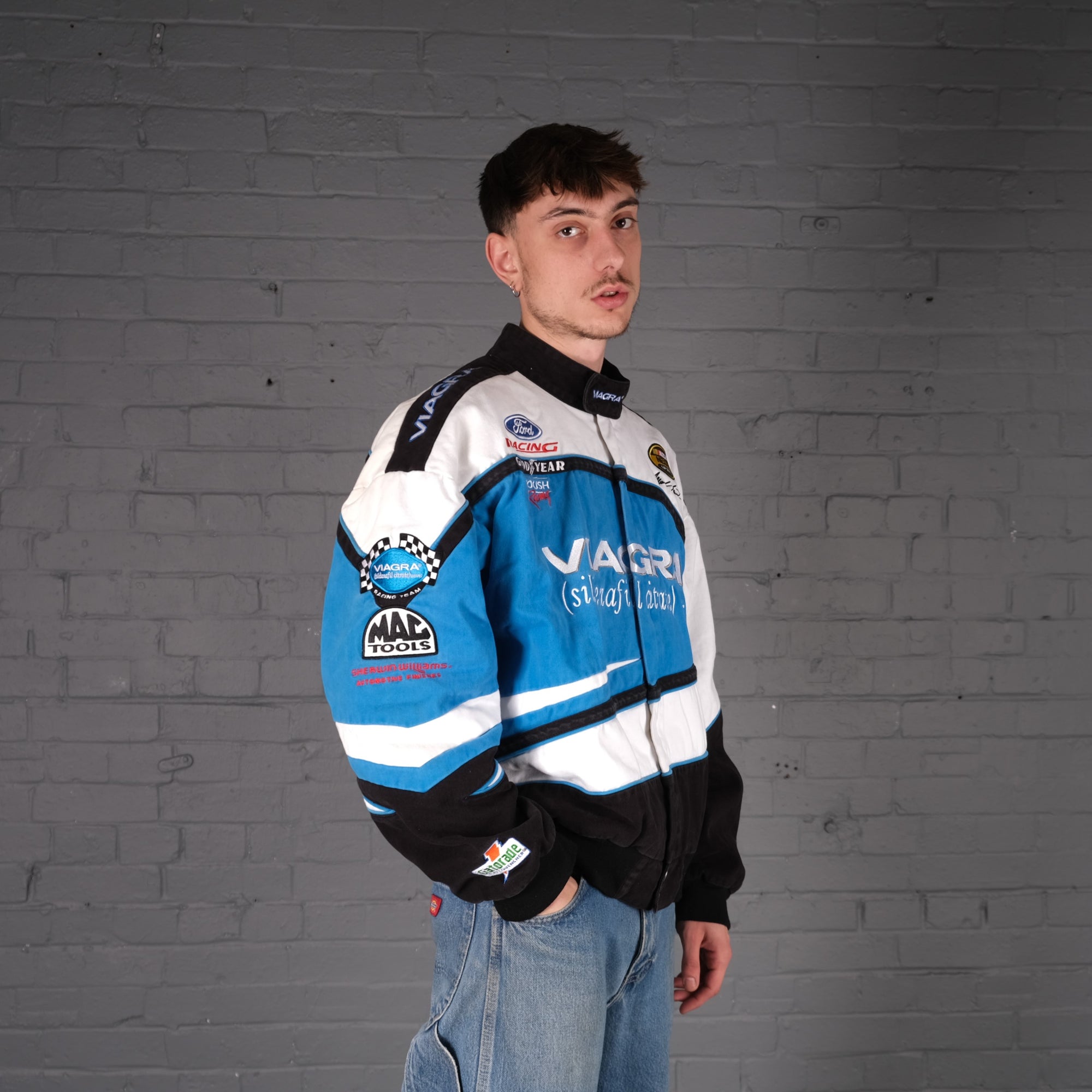 Vintage Viagra Nascar Racing Bomber Jacket in Blue and White
