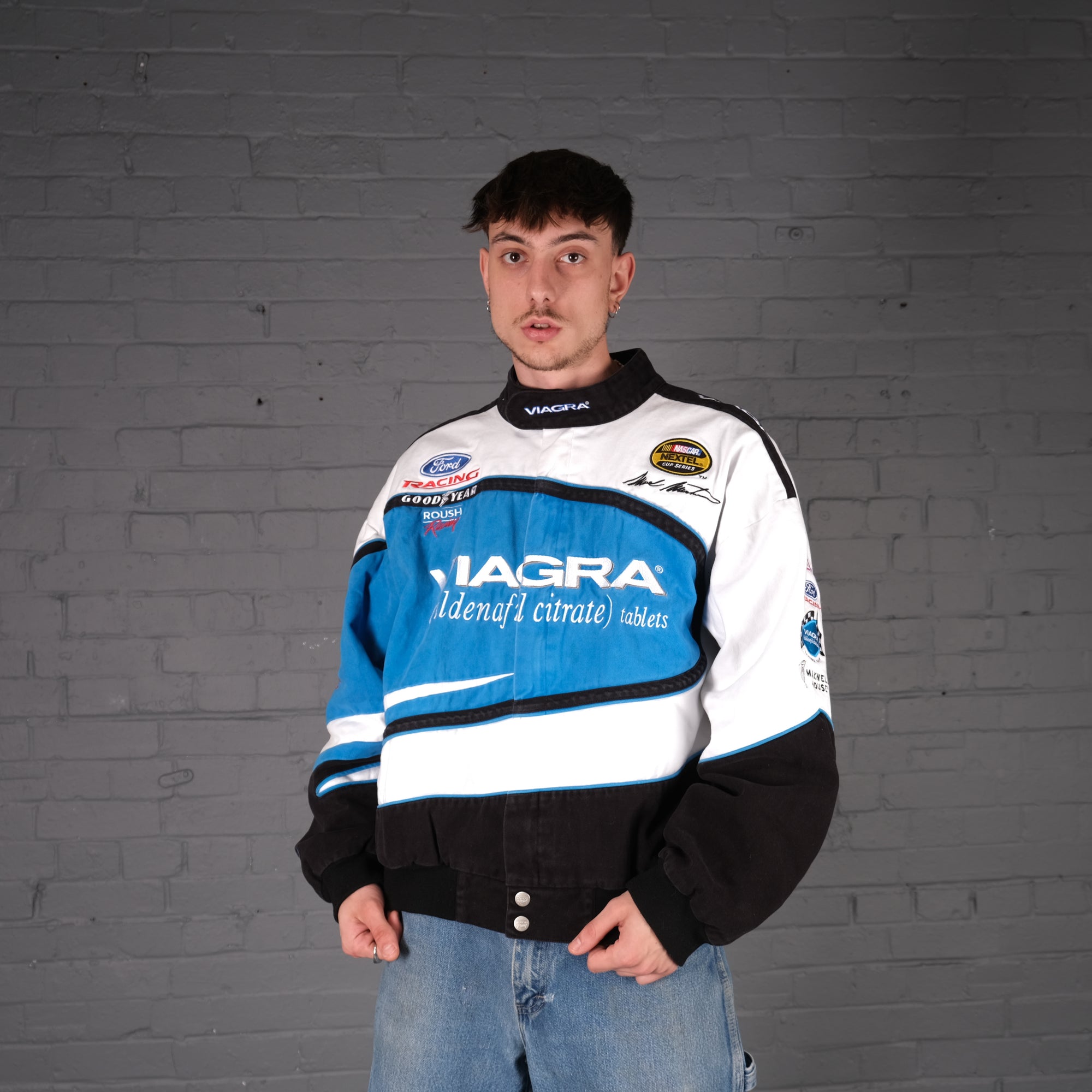 Vintage Viagra Nascar Racing Bomber Jacket in Blue and White