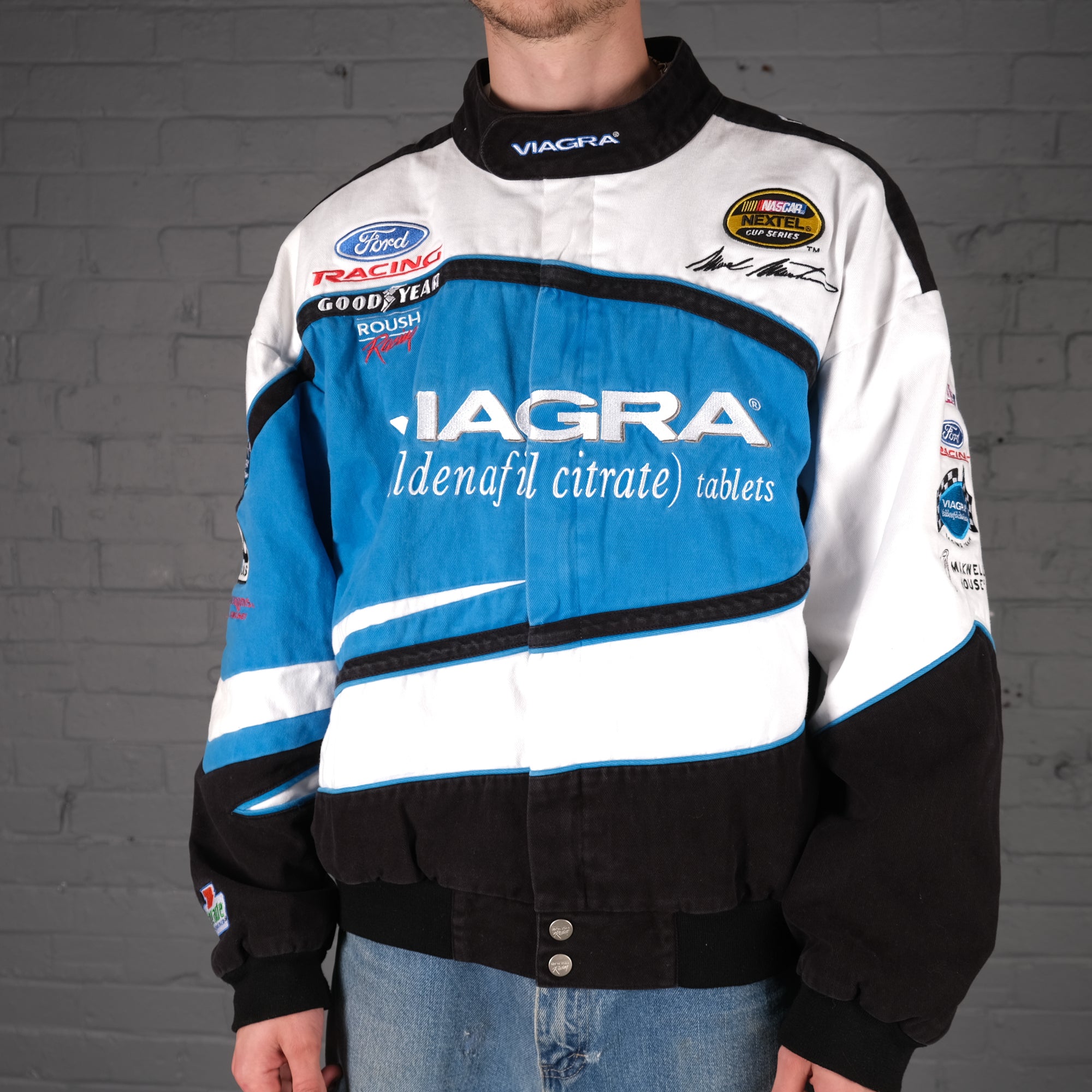 Vintage Viagra Nascar Racing Bomber Jacket in Blue and White