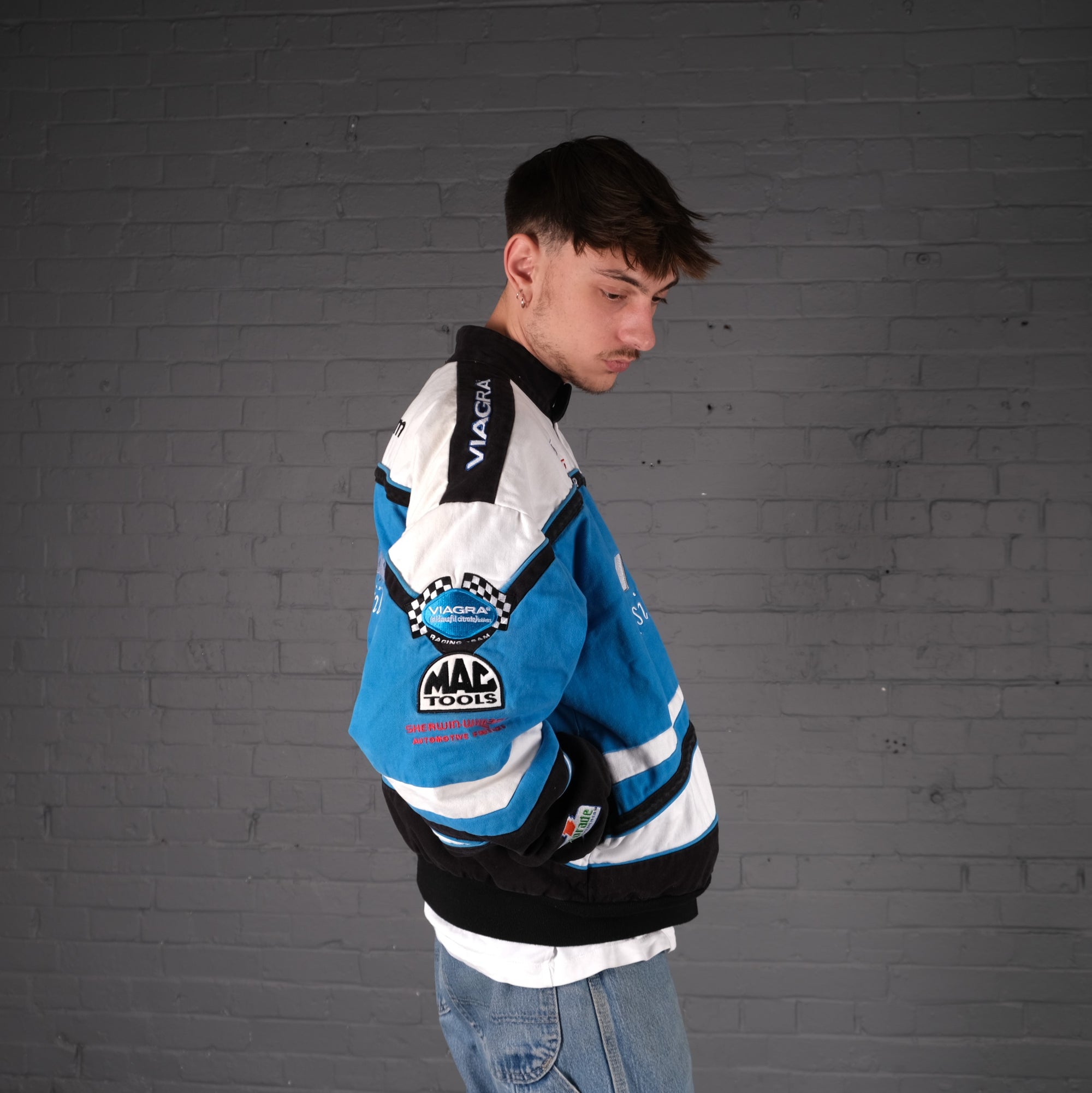 Vintage Viagra Nascar Racing Bomber Jacket in Blue and White