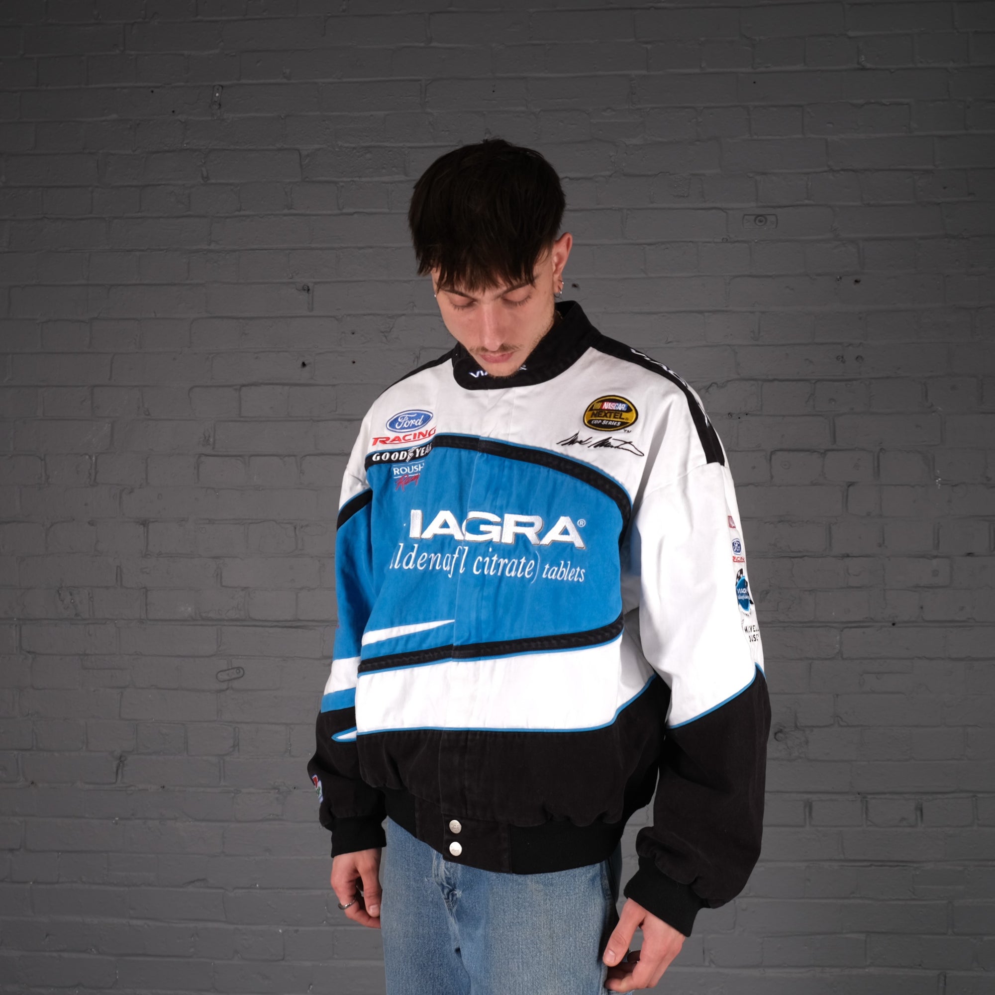 Vintage Viagra Nascar Racing Bomber Jacket in Blue and White