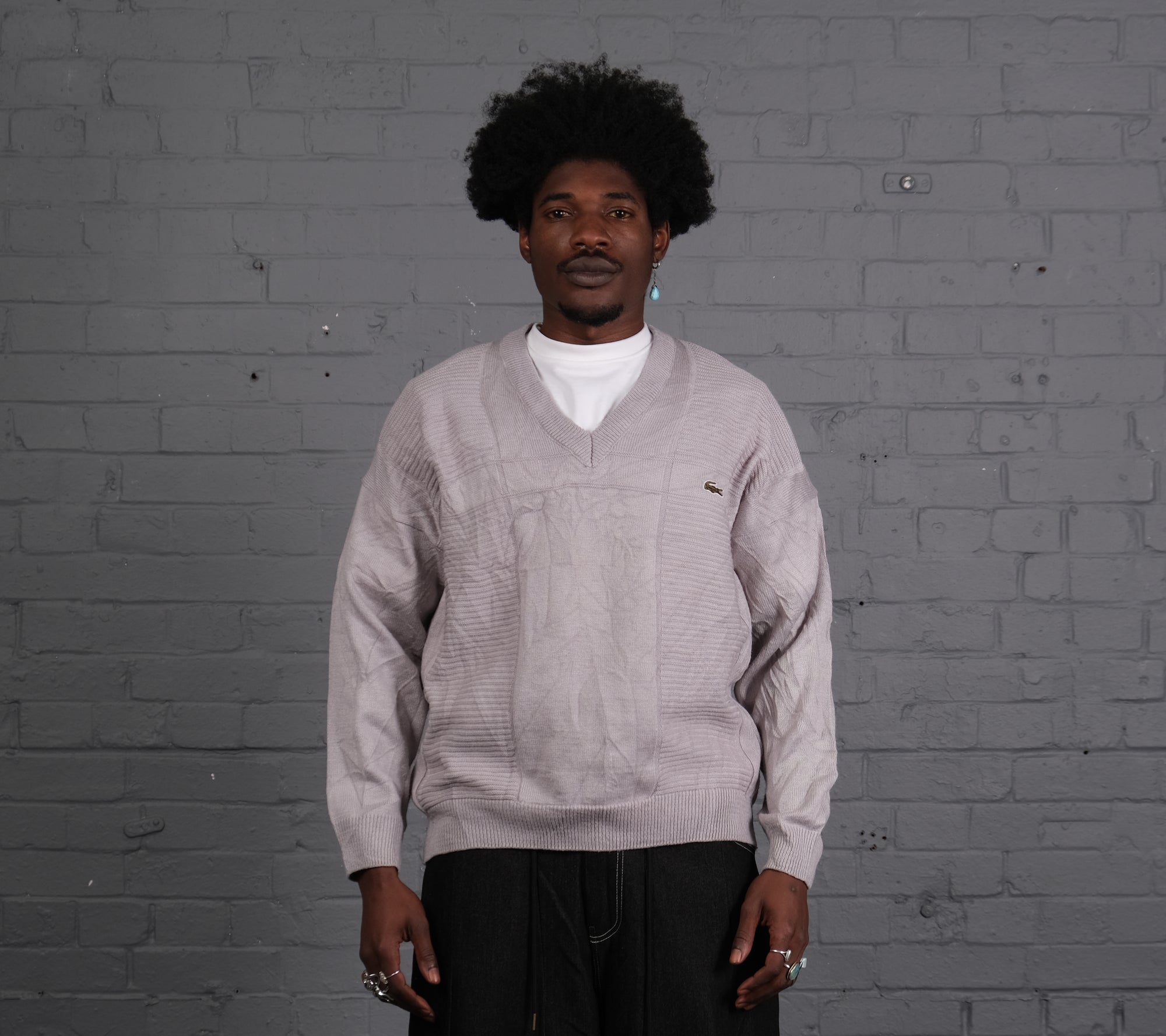 Vintage Lacoste Knitted V-Neck Jumper in Silver