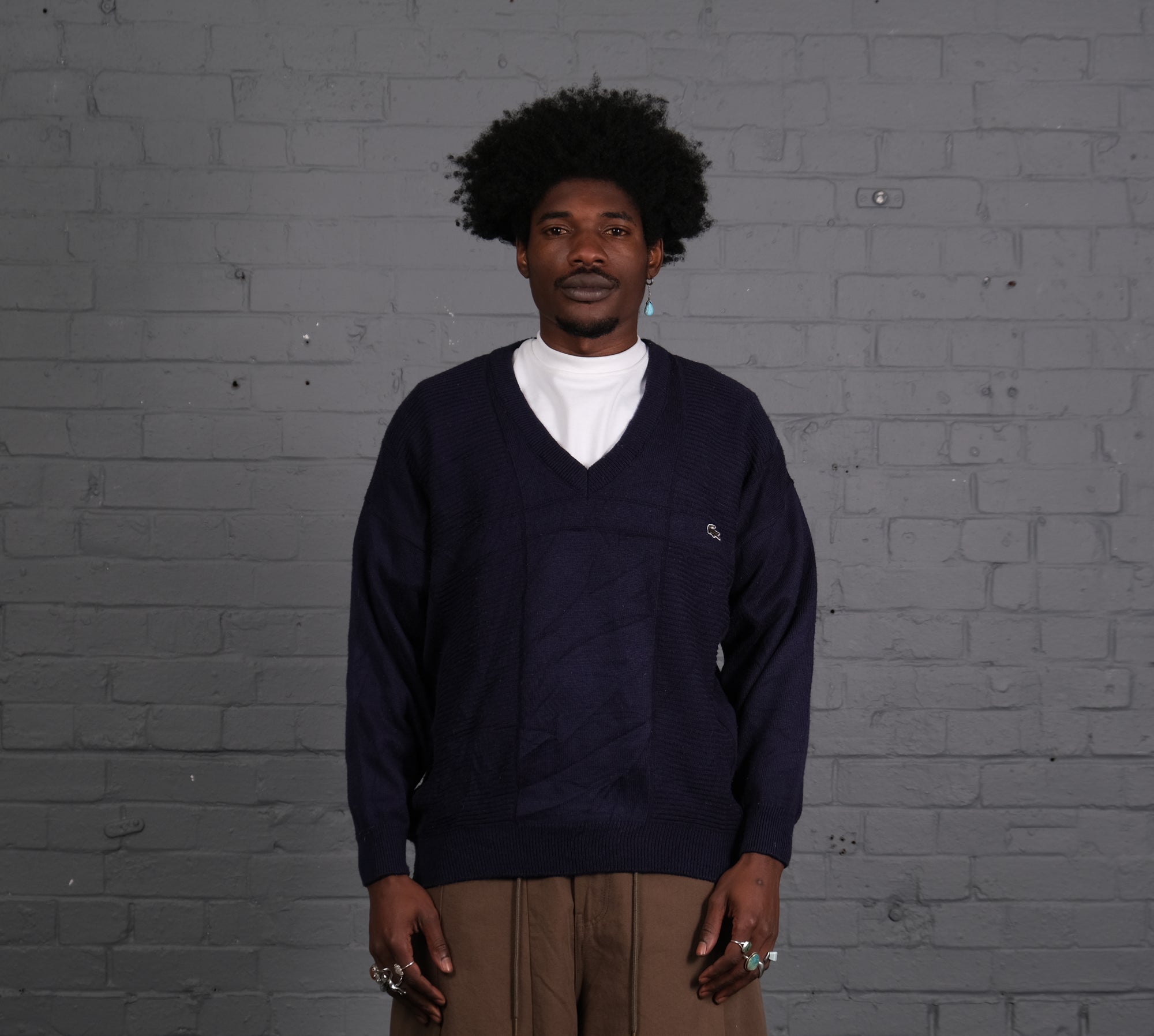 Vintage Lacoste Knitted V-Neck Jumper in Navy