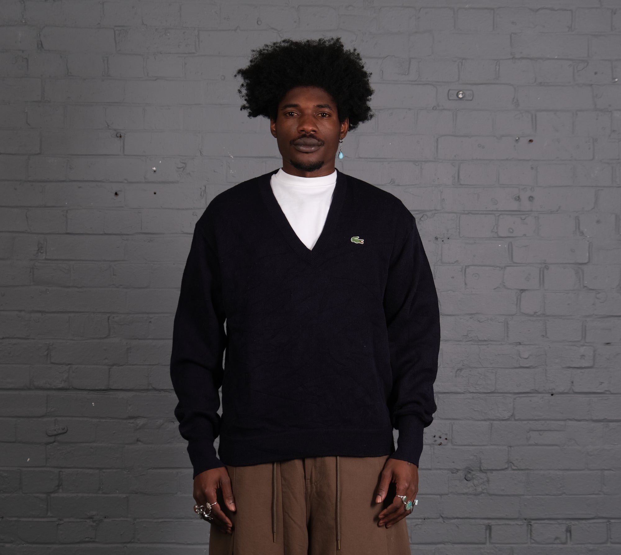 Vintage Lacoste Knitted V-Neck Jumper in Navy