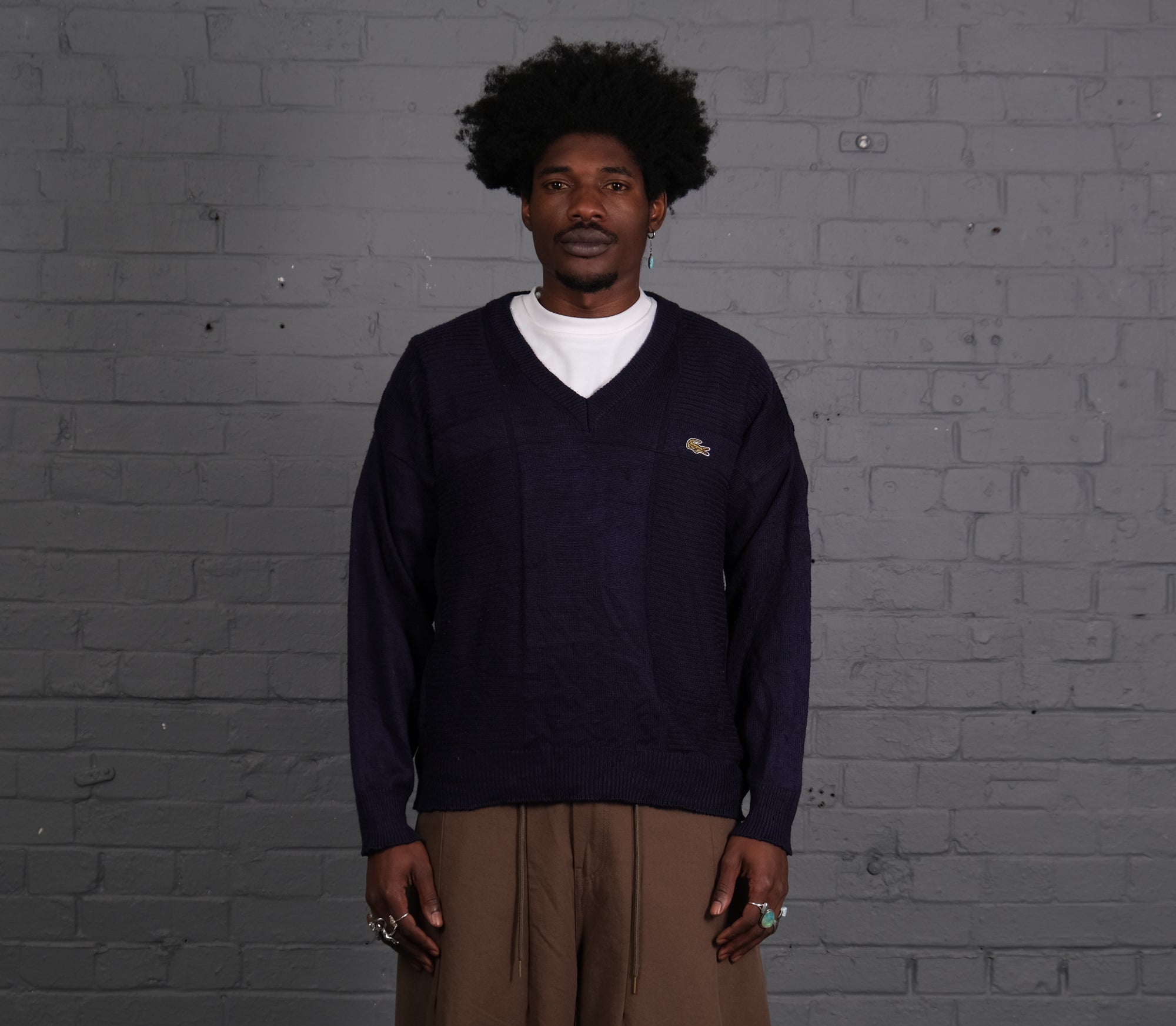 Vintage Lacoste Knitted V-Neck Jumper in Navy