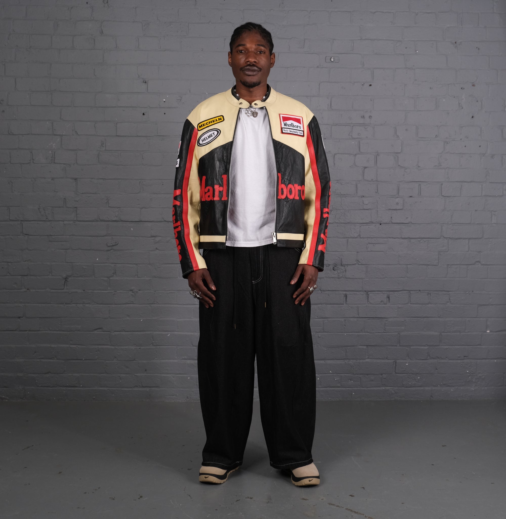 Vintage Marlboro Racing Leather Jacket in Cream & Black