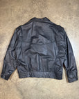 Vintage Leather Bomber Jacket in heavy black leather with collar and plaid lining