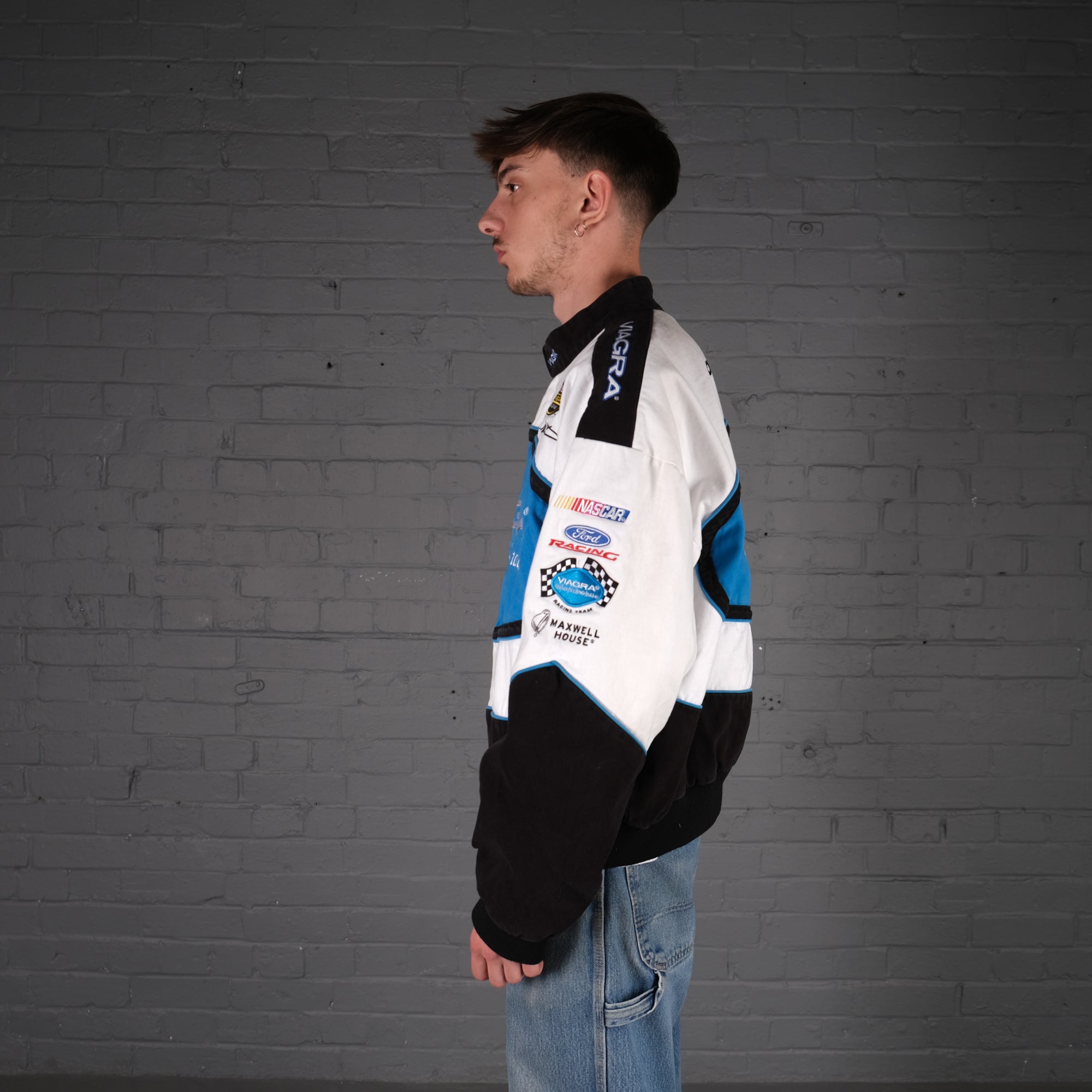 Vintage Viagra Nascar Racing Bomber Jacket in Blue and White