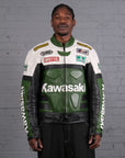 Vintage Kawasaki Racing Leather Jacket in Green & White