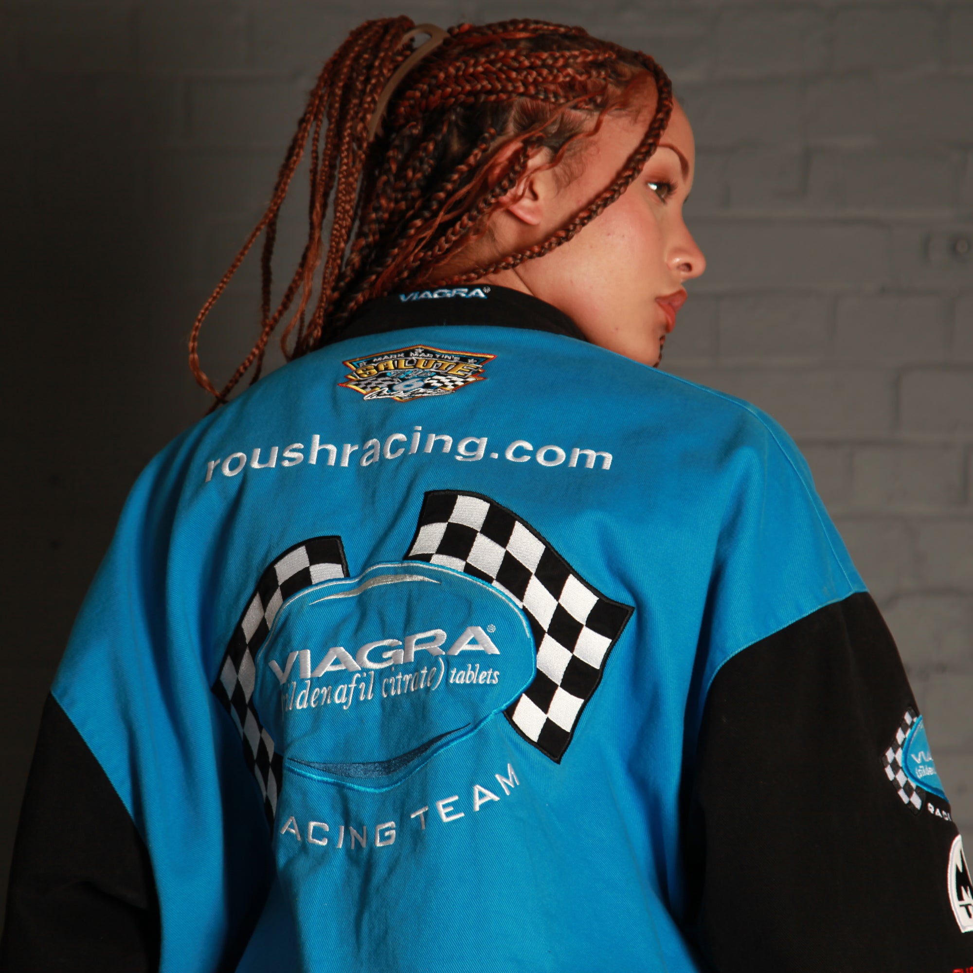 Vintage Viagra Nascar Racing Bomber Jacket in Blue and Black