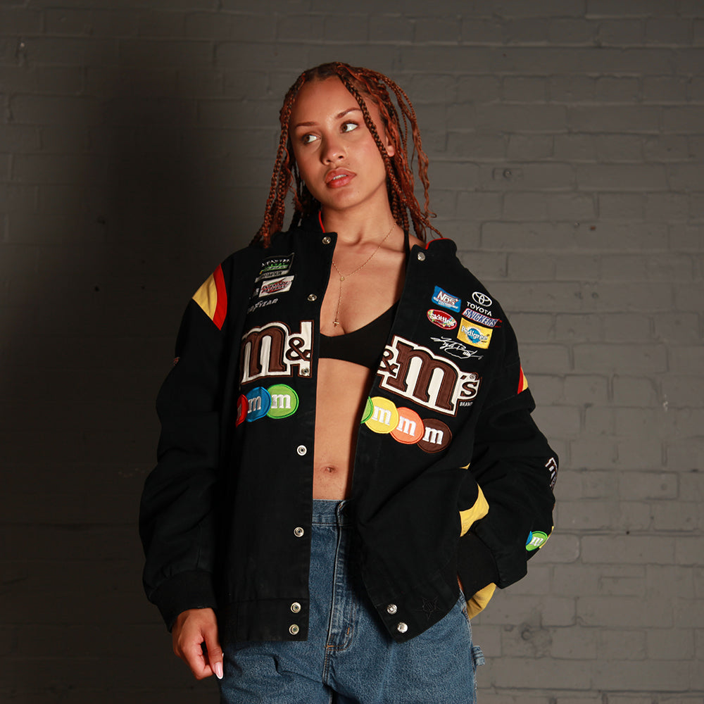Vintage M&M Nascar Racing Bomber Jacket in Black.