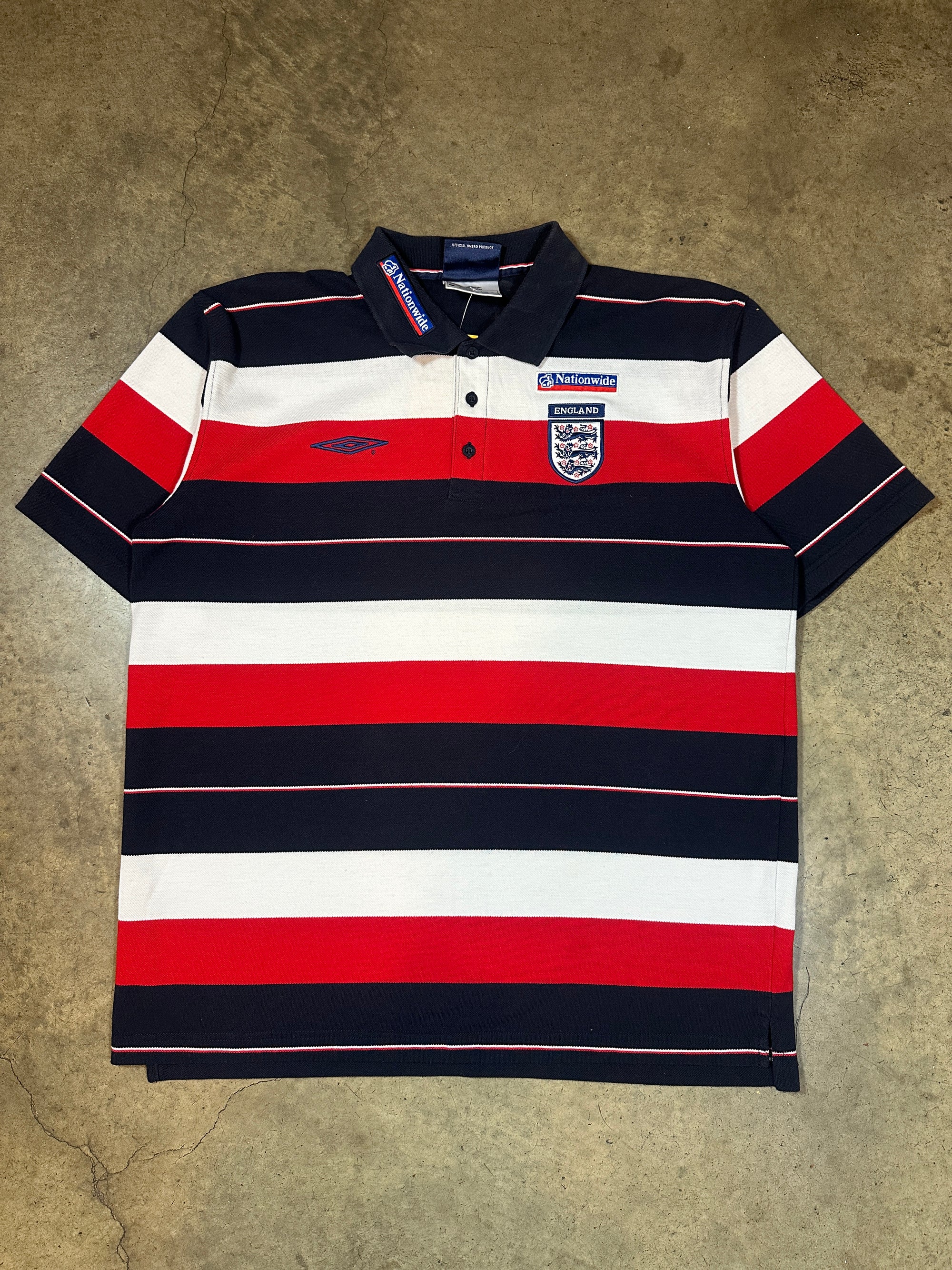 Vintage England Umbro Nationwide '02 Striped Football Polo