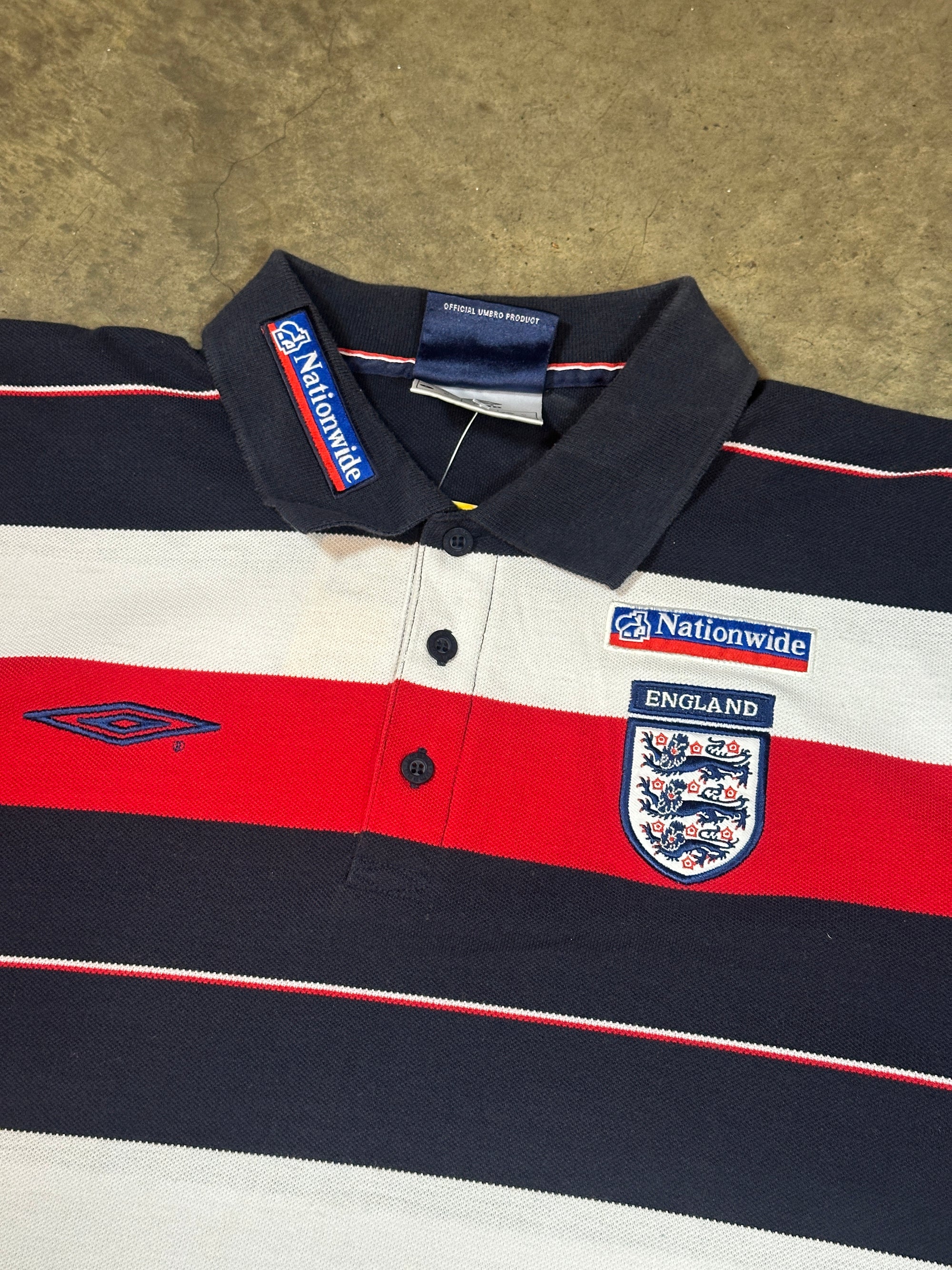 Vintage England Umbro Nationwide '02 Striped Football Polo