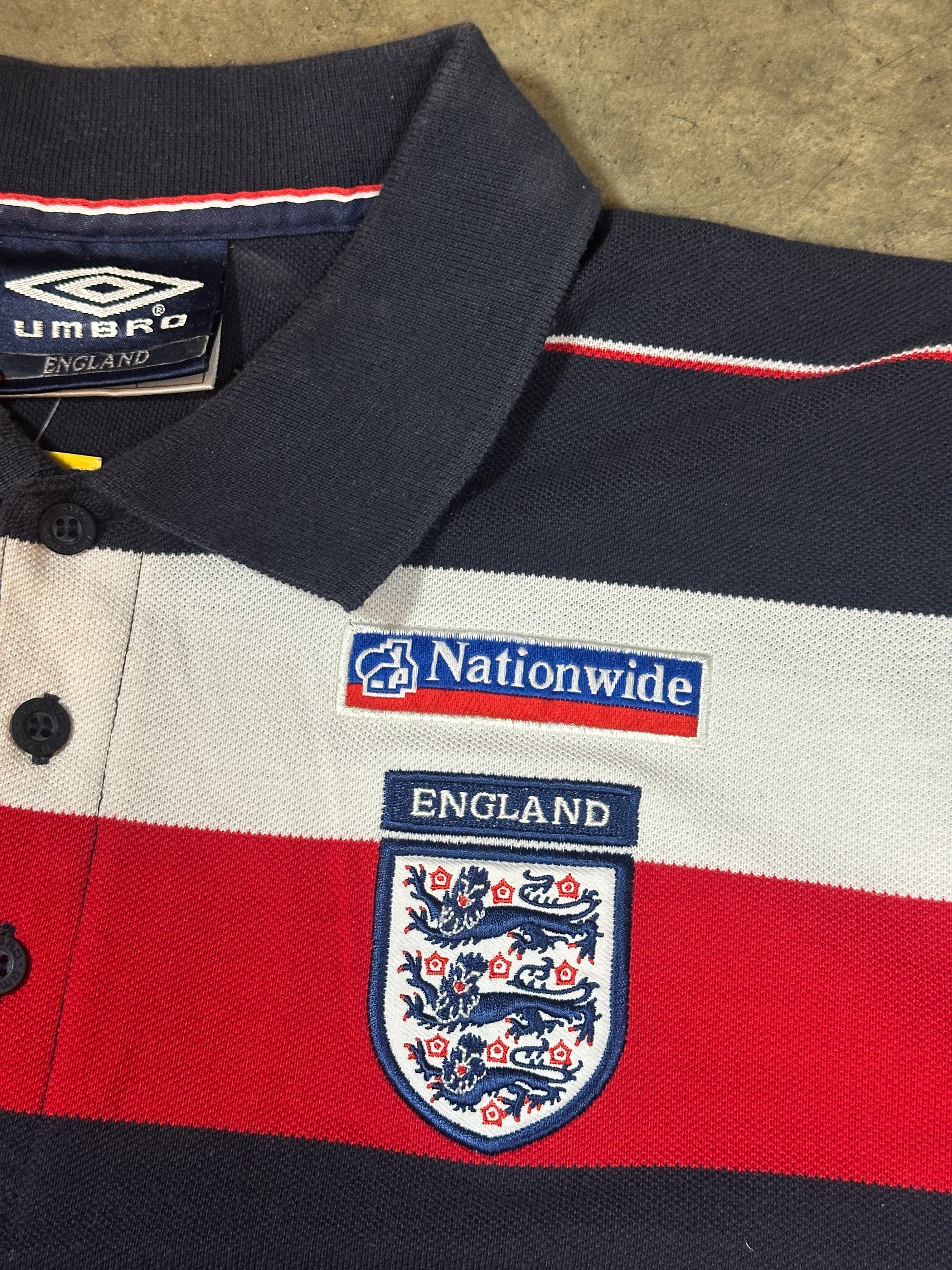 Vintage England Umbro Nationwide '02 Striped Football Polo