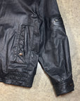 Vintage Leather Bomber Jacket in heavy black leather with collar and plaid lining