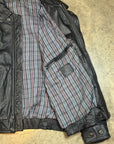 Vintage Leather Bomber Jacket in heavy black leather with collar and plaid lining