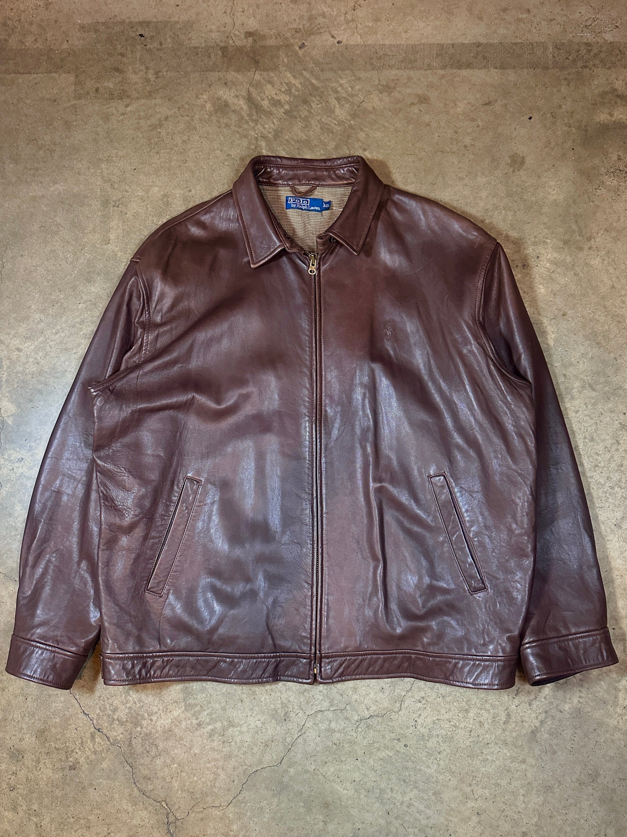 Vintage Ralph Lauren Leather Harrington Jacket in soft brown genuine lambskin leather