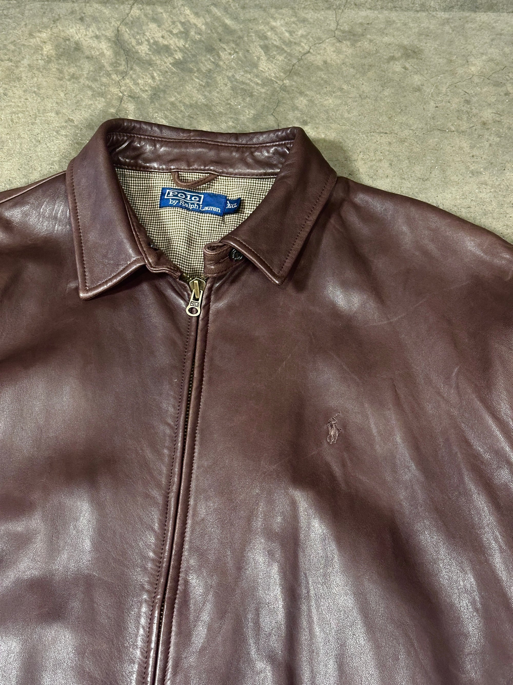 Vintage Ralph Lauren Leather Harrington Jacket in soft brown genuine lambskin leather