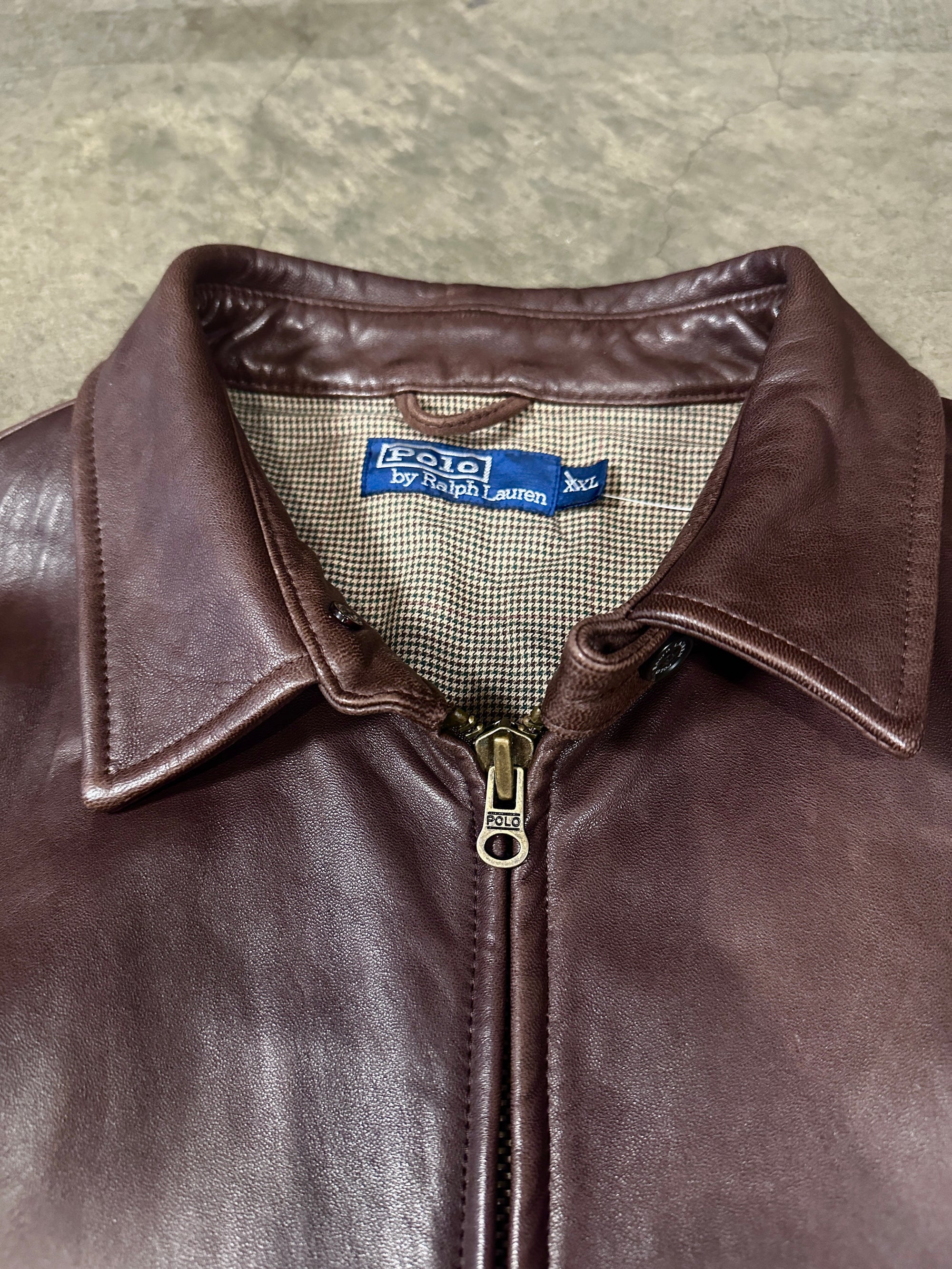 Vintage Ralph Lauren Leather Harrington Jacket in soft brown genuine lambskin leather