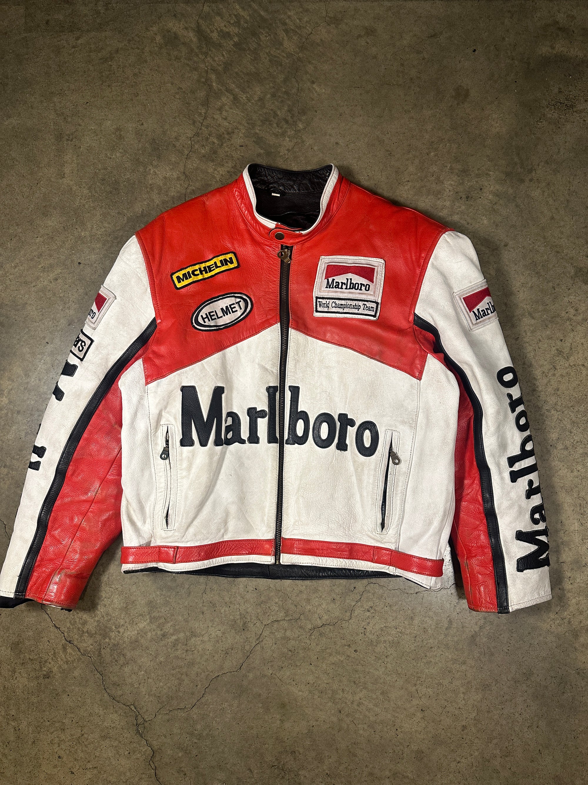 Vintage Malrboro Leather Racing Jacket in heavy red and white leather