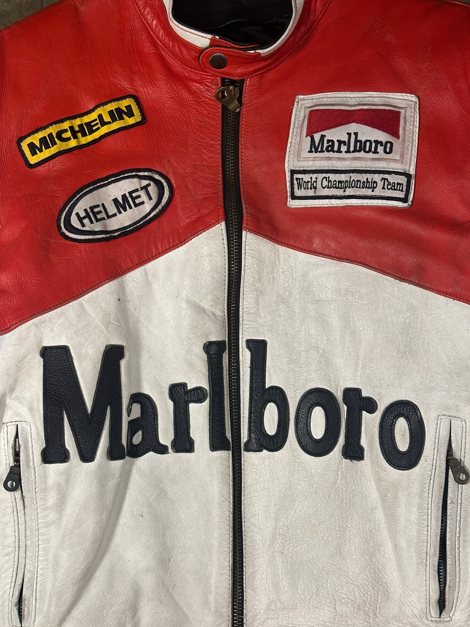 Vintage Malrboro Leather Racing Jacket in heavy red and white leather