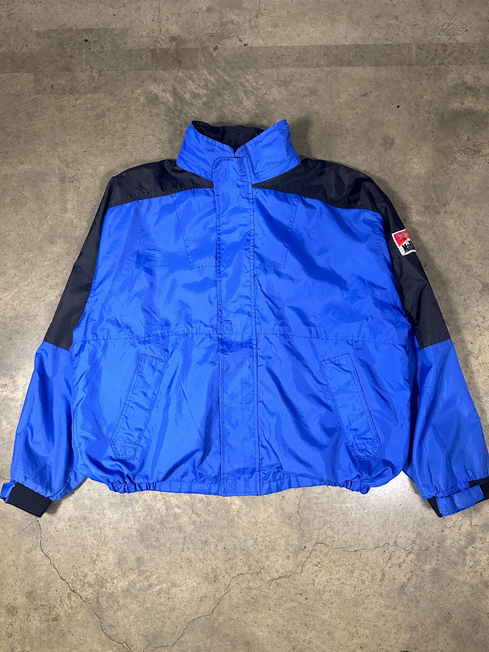 Vintage Marlboro 90s Windbreaker with detachable hood in bright blue