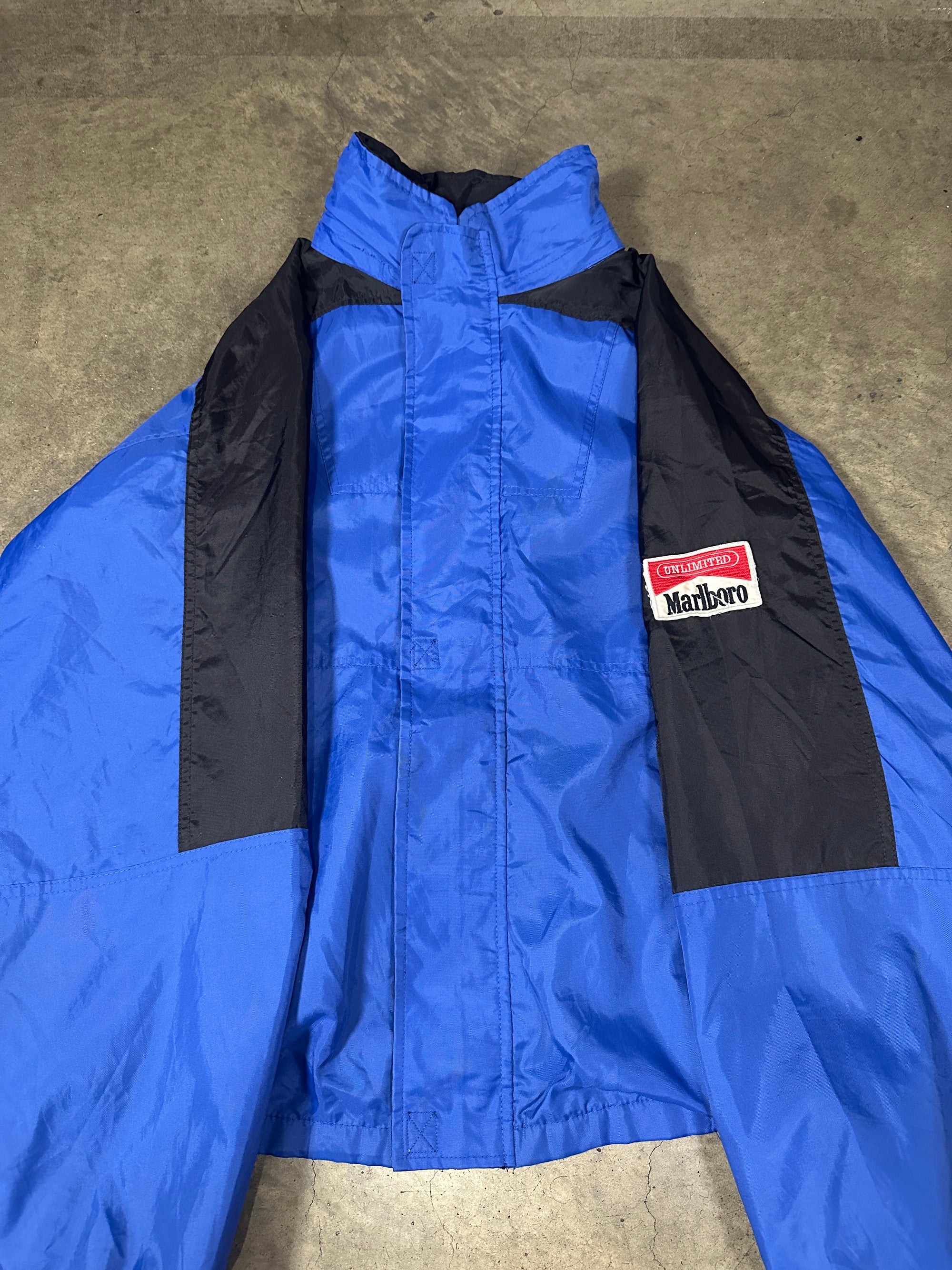 Vintage Marlboro 90s Windbreaker with detachable hood in bright blue
