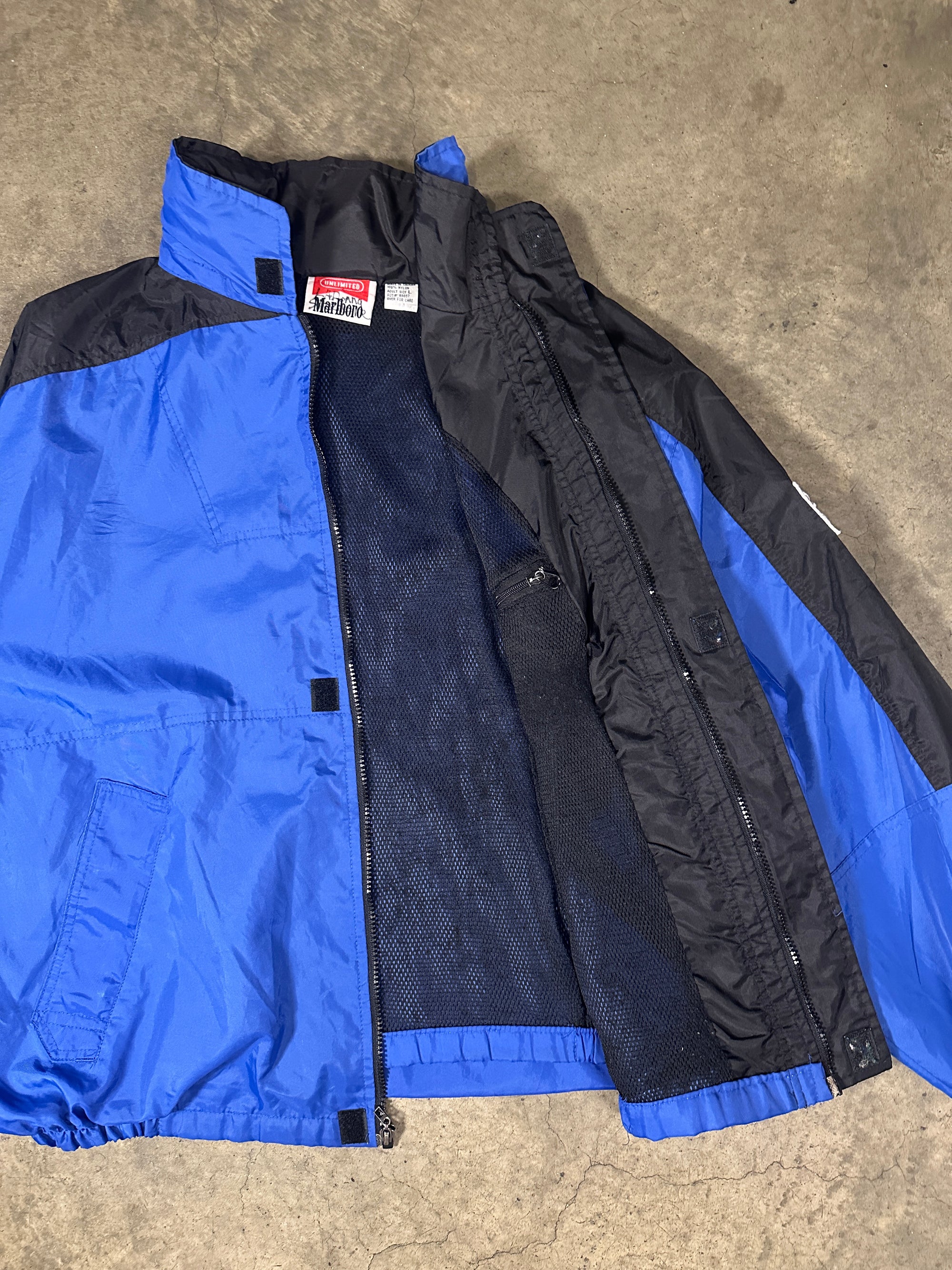 Vintage Marlboro 90s Windbreaker with detachable hood in bright blue
