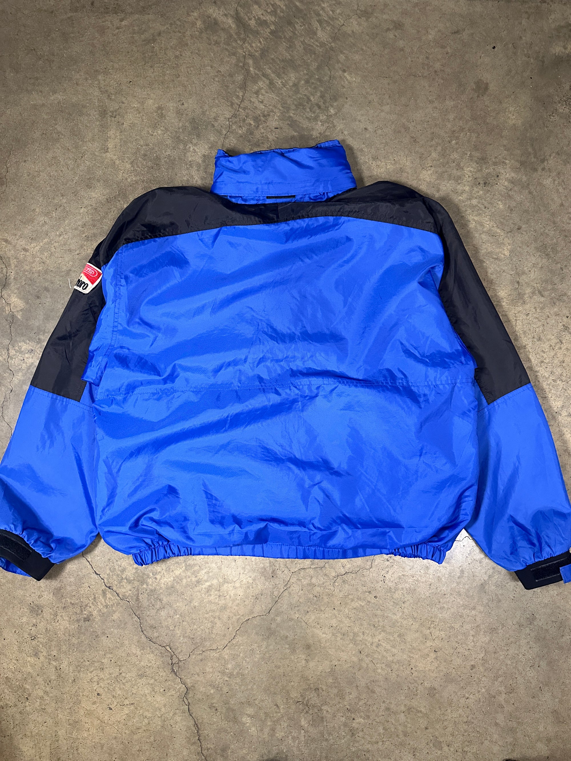 Vintage Marlboro 90s Windbreaker with detachable hood in bright blue